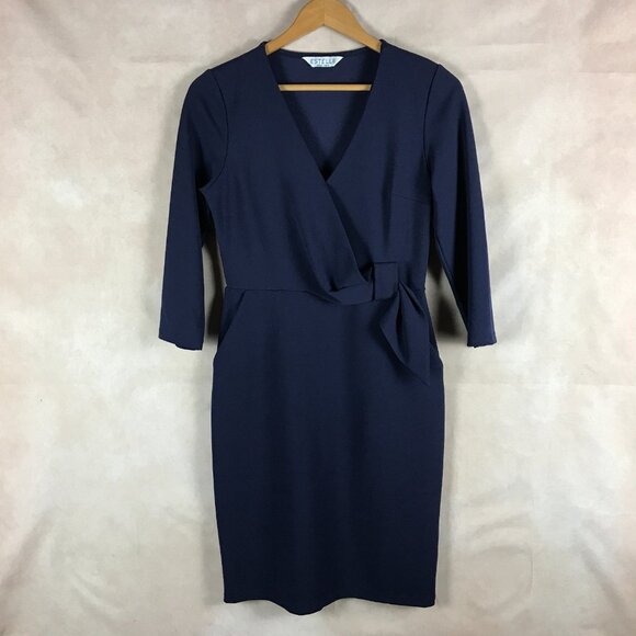 ESTELLE Indigo Structured Crepe Faux Wrap Sheath Dress SMALL - Picture 9 of 10